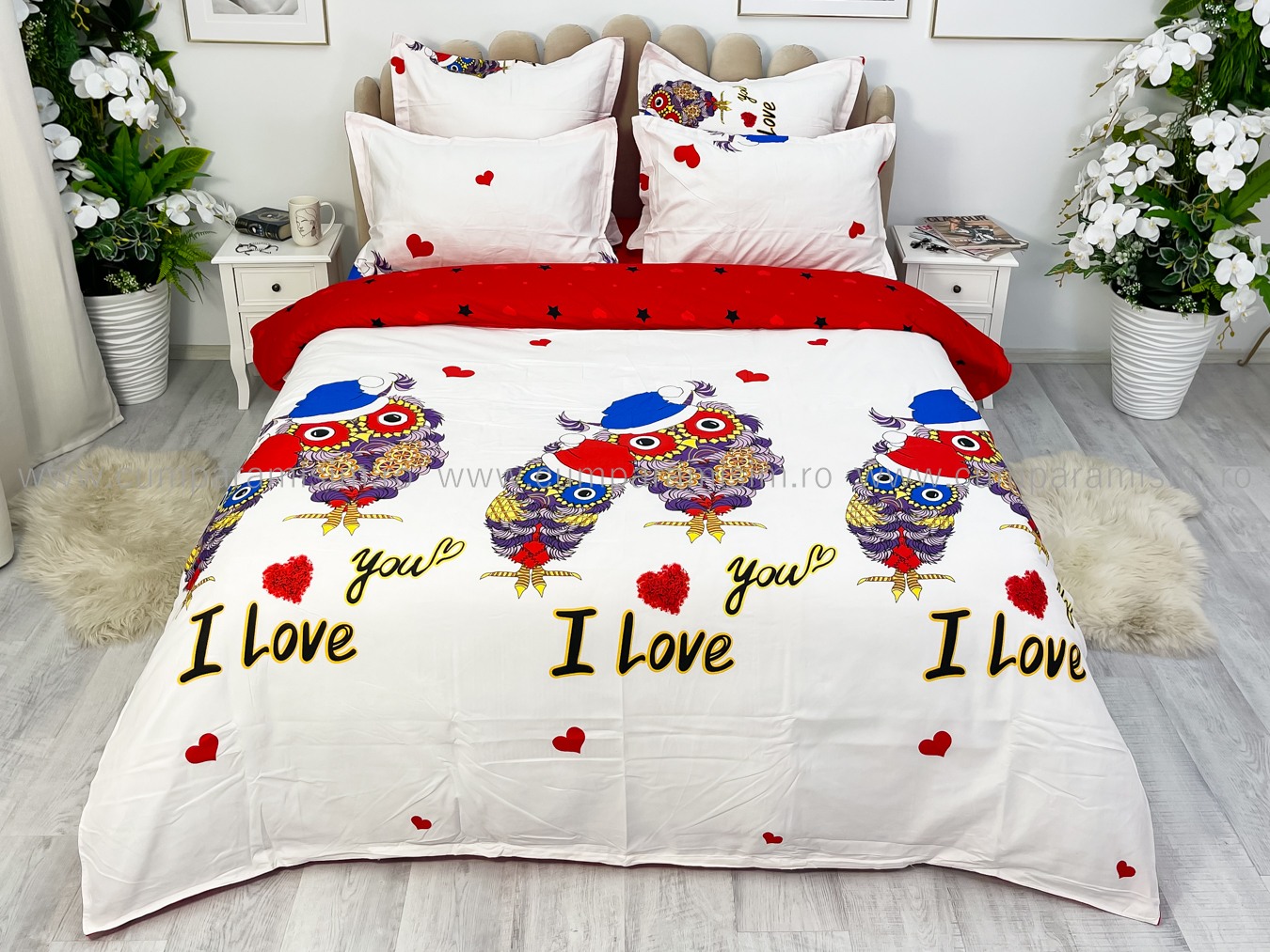 Lenjerie pat dublu cu ELASTIC, Finet, 6 piese, Rosu, bufnite - imagine 2