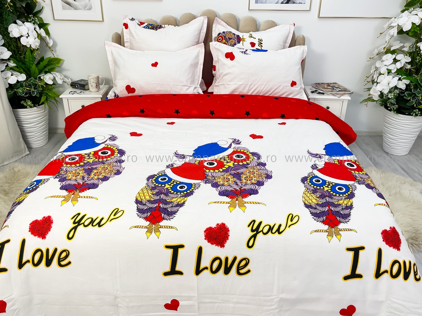 Lenjerie pat dublu cu ELASTIC, Finet, 6 piese, Rosu, bufnite - imagine 3