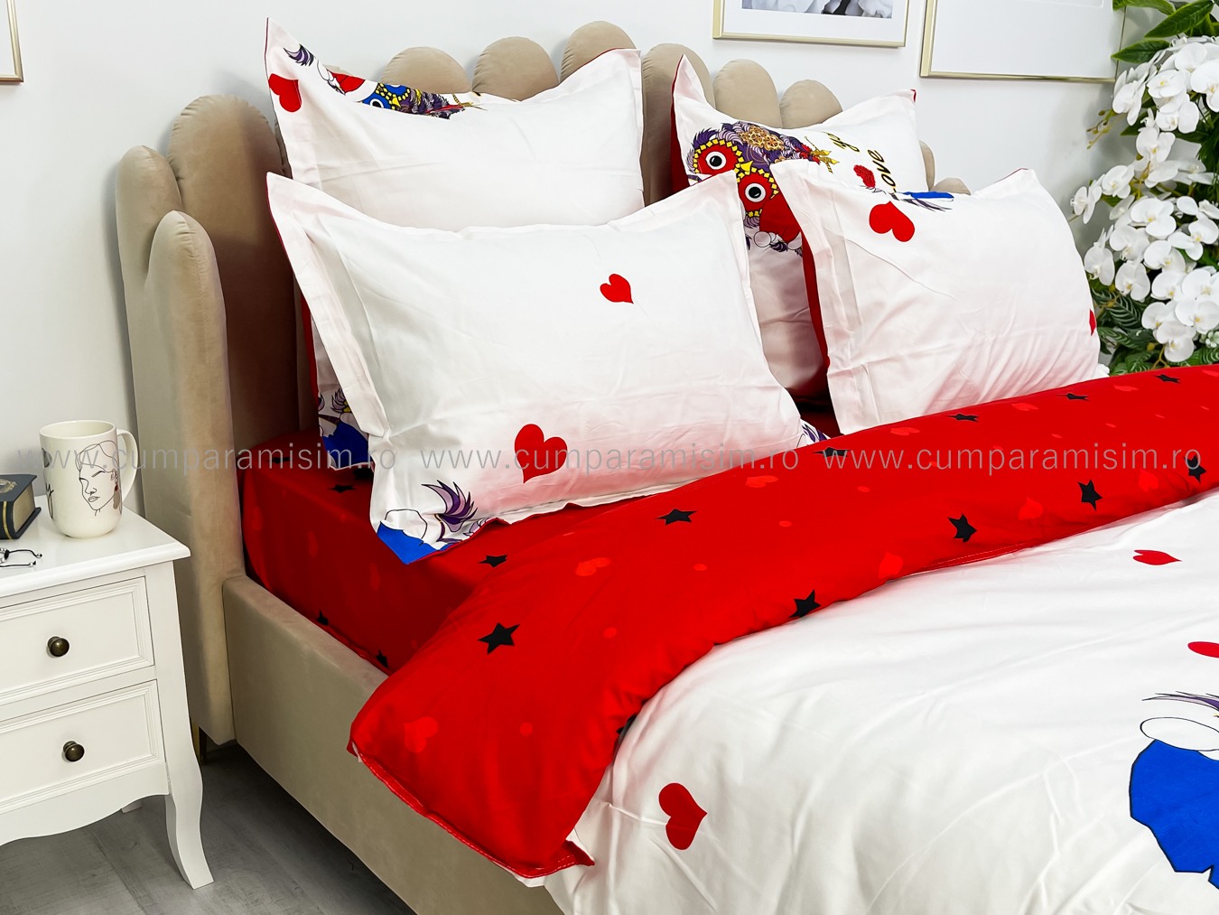 Lenjerie pat dublu cu ELASTIC, Finet, 6 piese, Rosu, bufnite - imagine 5