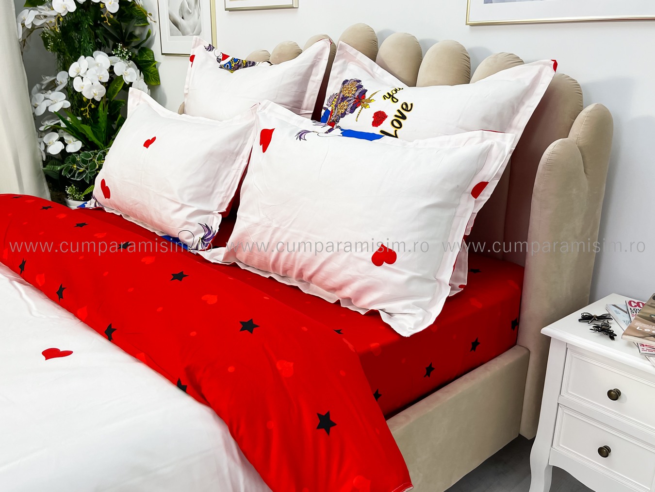 Lenjerie pat dublu cu ELASTIC, Finet, 6 piese, Rosu, bufnite - imagine 6