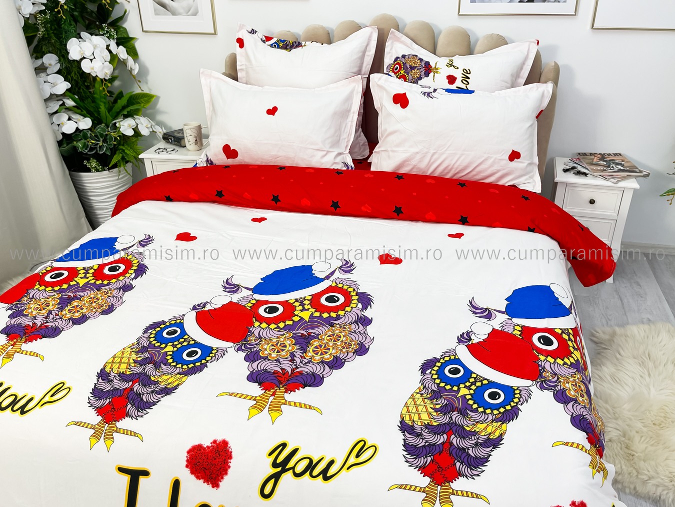 Lenjerie pat dublu cu ELASTIC, Finet, 6 piese, Rosu, bufnite - imagine 7