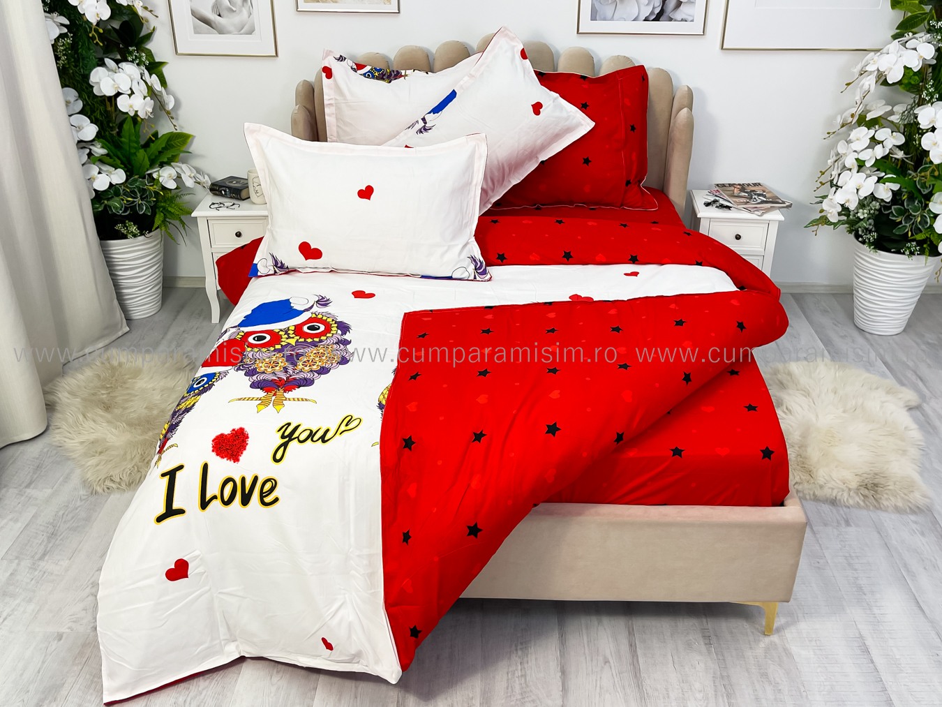 Lenjerie pat dublu cu ELASTIC, Finet, 6 piese, Rosu, bufnite - imagine 8