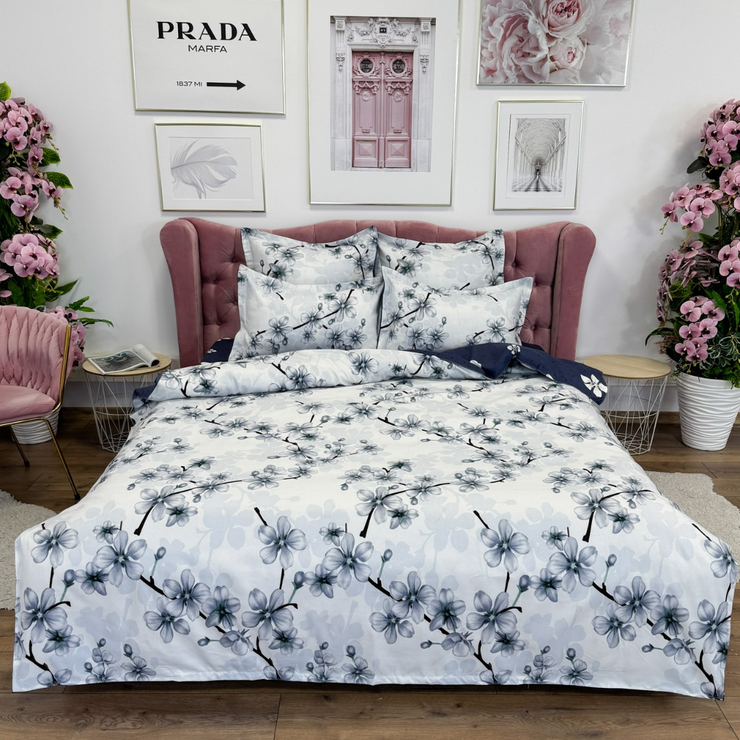 Lenjerie pat dublu cu ELASTIC, Finet, 6 piese, Gri, flori - imagine 2