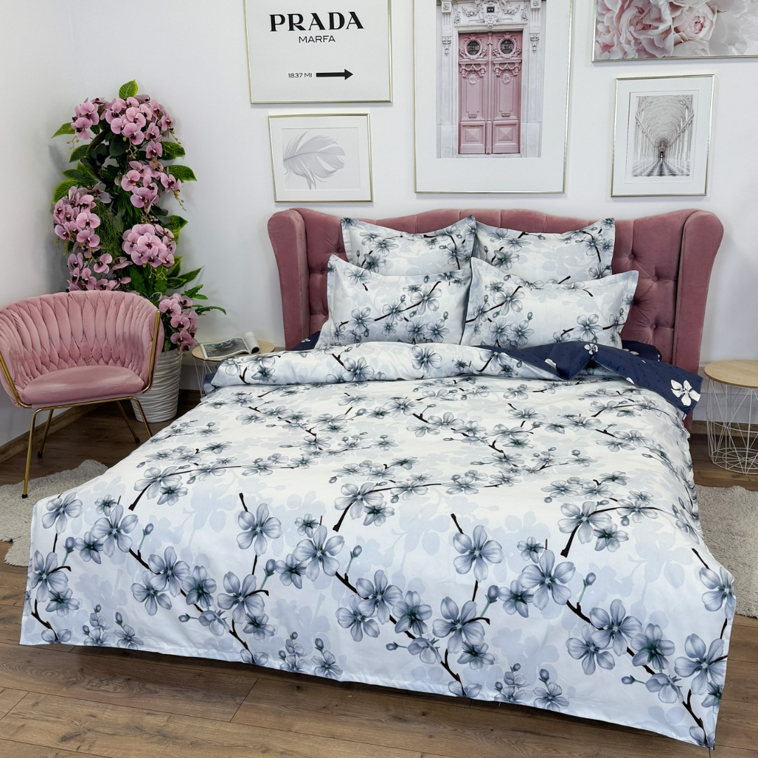 Lenjerie pat dublu cu ELASTIC, Finet, 6 piese, Gri, flori - imagine 4