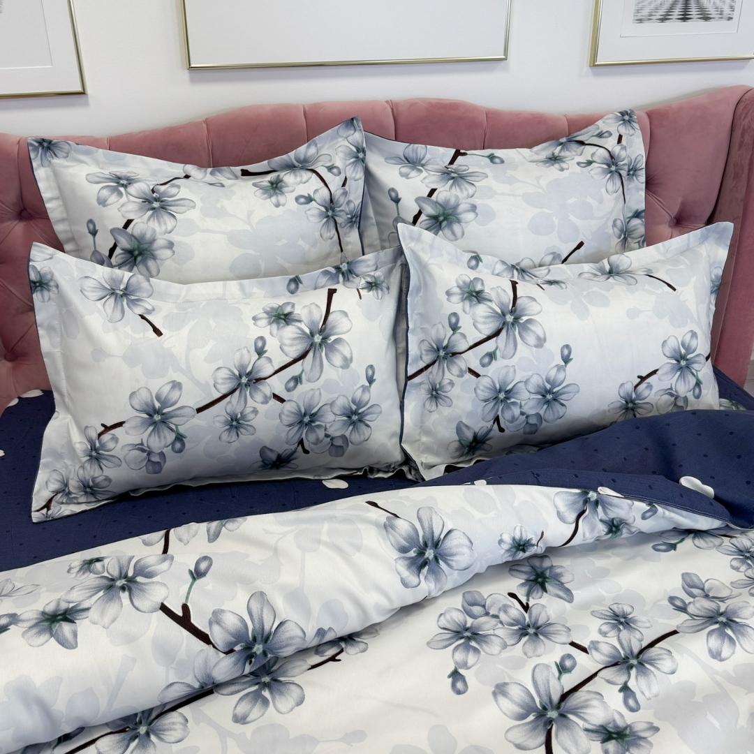 Lenjerie pat dublu cu ELASTIC, Finet, 6 piese, Gri, flori - imagine 5