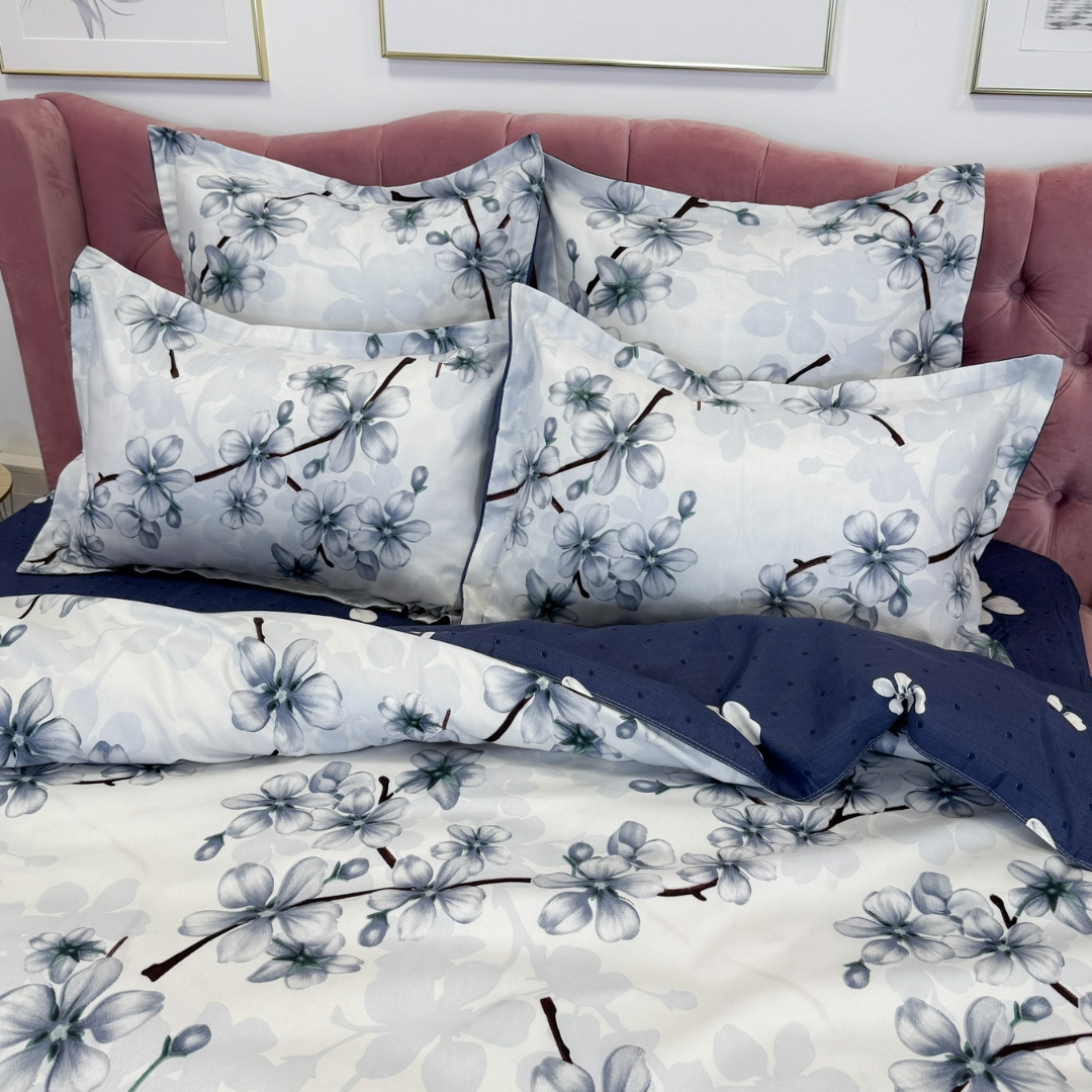 Lenjerie pat dublu cu ELASTIC, Finet, 6 piese, Gri, flori - imagine 7