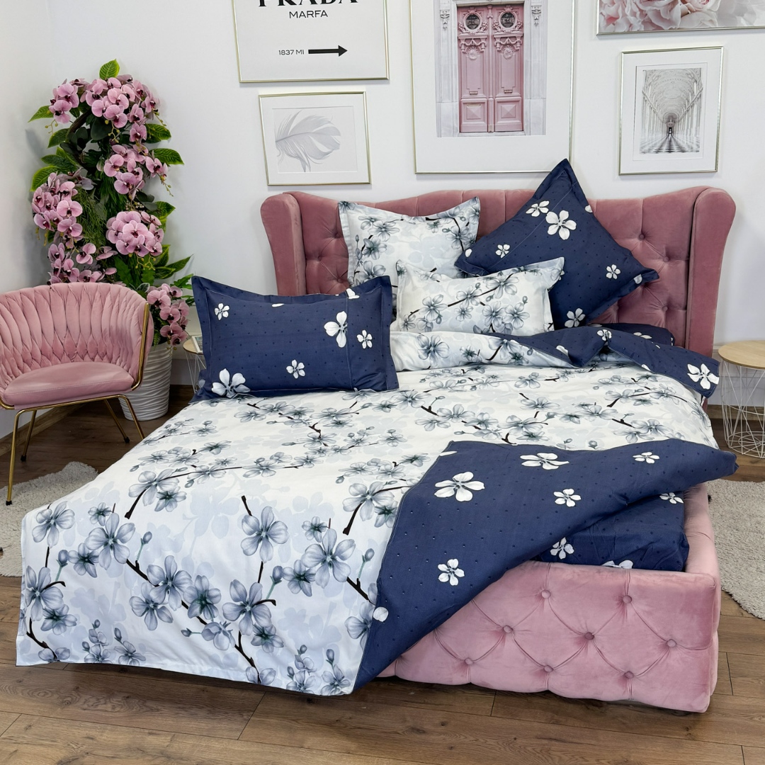 Lenjerie pat dublu cu ELASTIC, Finet, 6 piese, Gri, flori - imagine 8