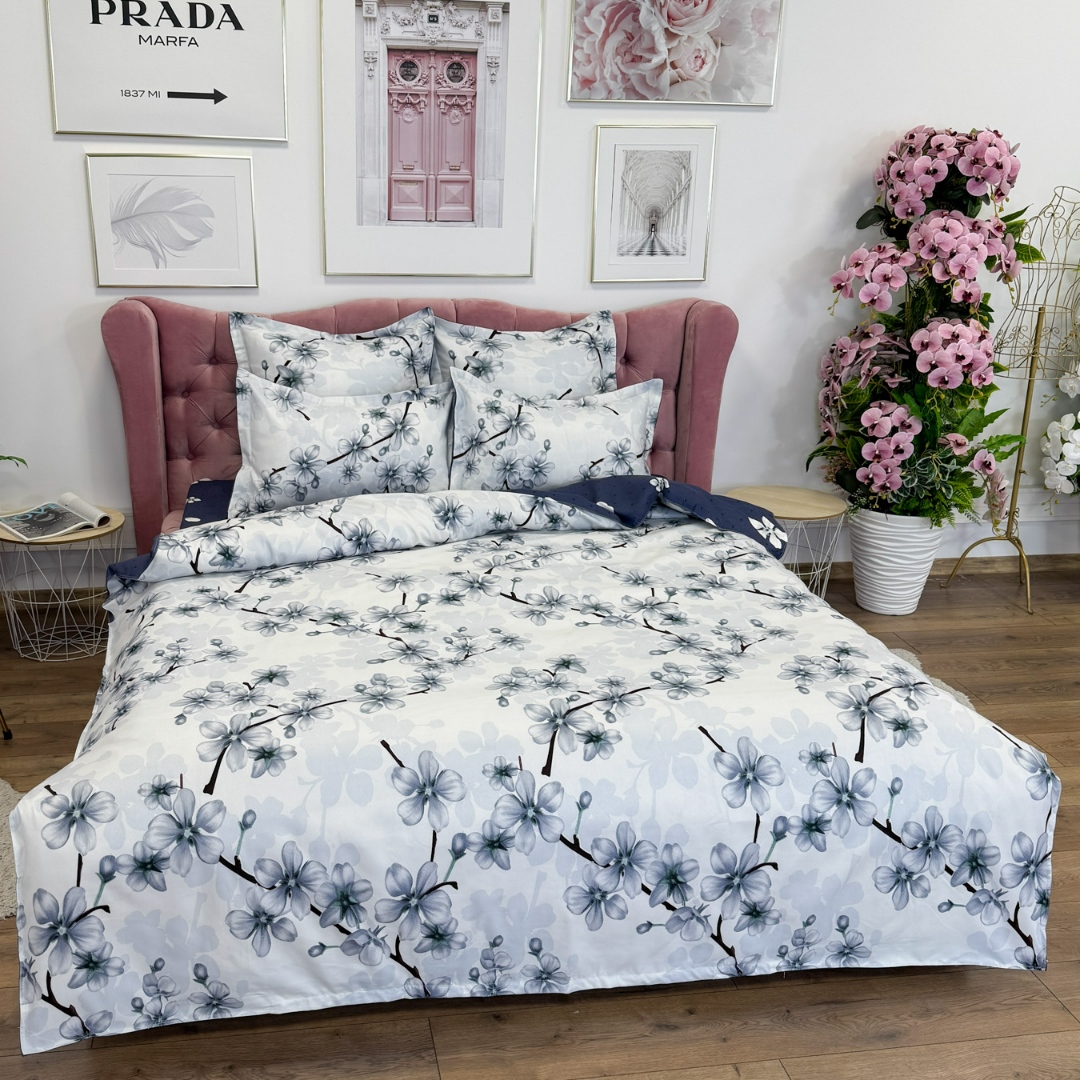 Lenjerie pat dublu cu ELASTIC, Finet, 6 piese, Gri, flori - imagine 10