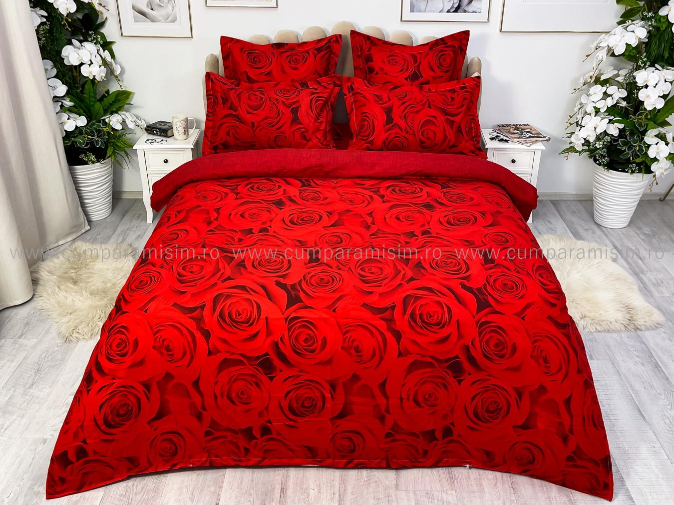 Lenjerie pat dublu cu ELASTIC, Finet, 6 piese, Rosu, trandafiri - imagine 2