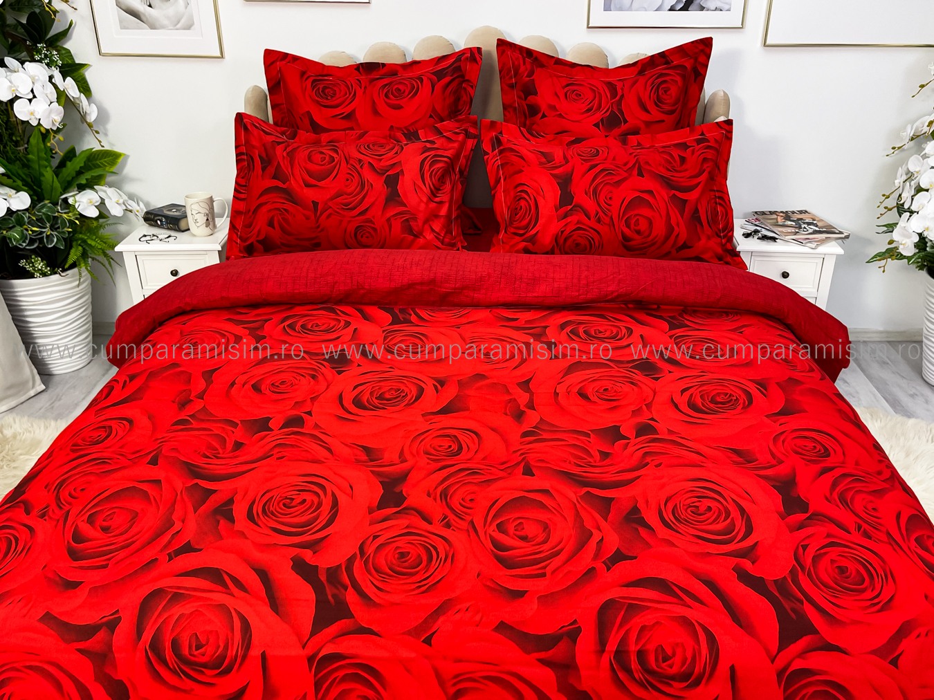 Lenjerie pat dublu cu ELASTIC, Finet, 6 piese, Rosu, trandafiri - imagine 3