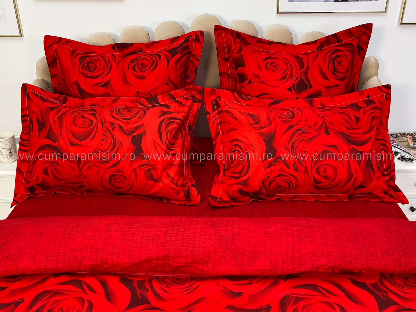 Lenjerie pat dublu cu ELASTIC, Finet, 6 piese, Rosu, trandafiri - imagine 4