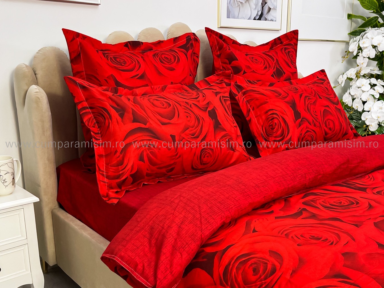 Lenjerie pat dublu cu ELASTIC, Finet, 6 piese, Rosu, trandafiri - imagine 5