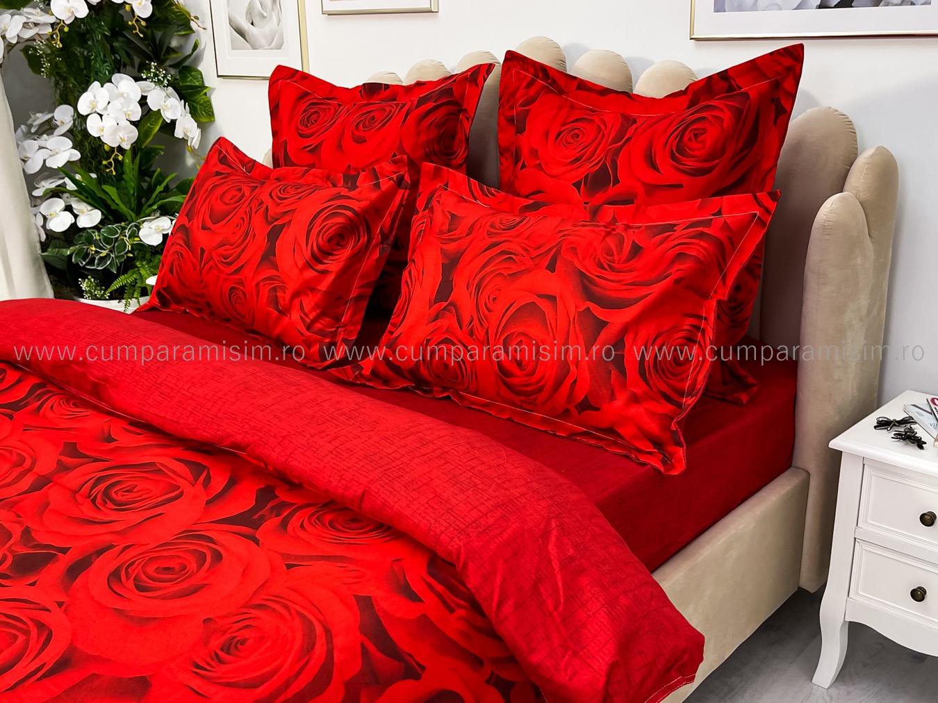 Lenjerie pat dublu cu ELASTIC, Finet, 6 piese, Rosu, trandafiri - imagine 6