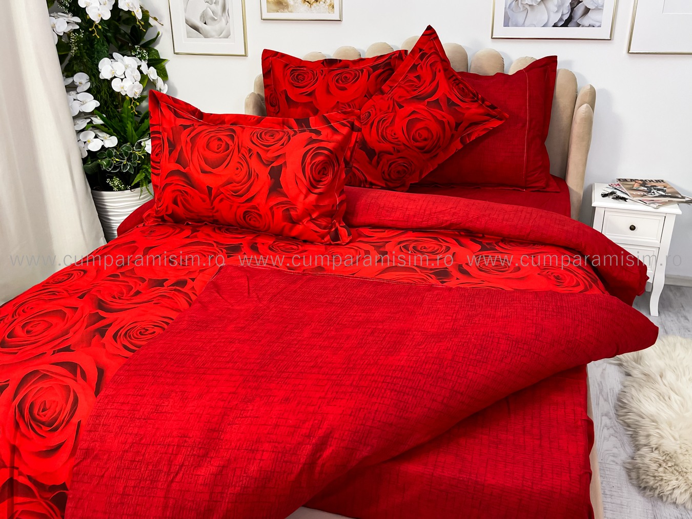 Lenjerie pat dublu cu ELASTIC, Finet, 6 piese, Rosu, trandafiri - imagine 7