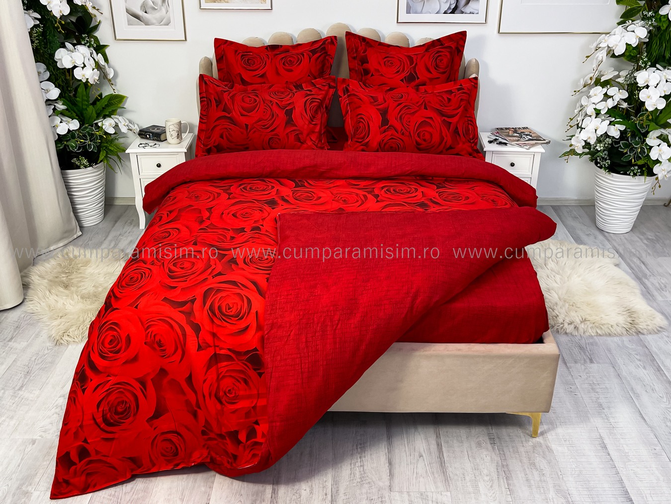 Lenjerie pat dublu cu ELASTIC, Finet, 6 piese, Rosu, trandafiri - imagine 8