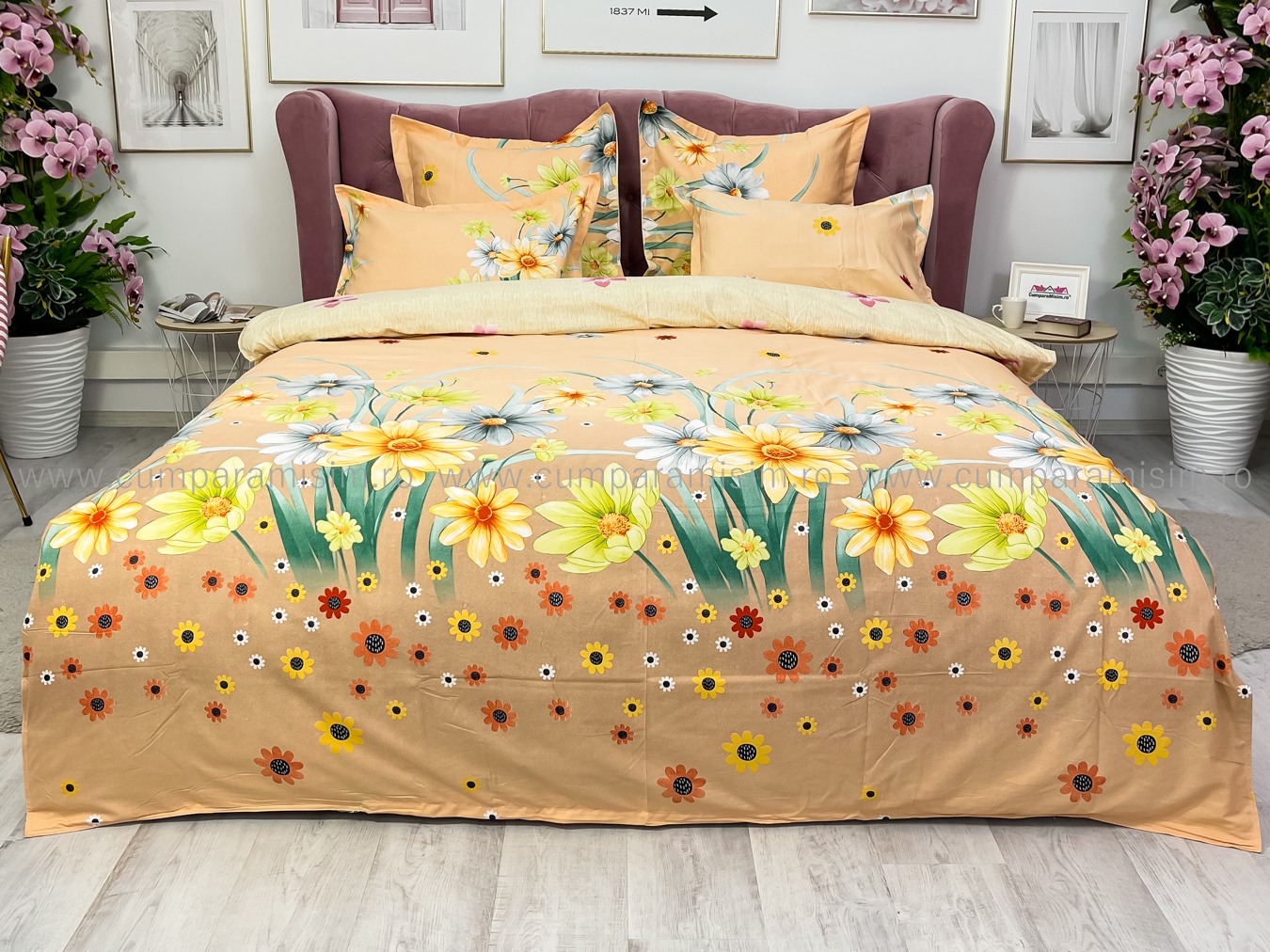 Lenjerie pat dublu cu ELASTIC, Finet, 6 piese, Bej, flori - imagine 2