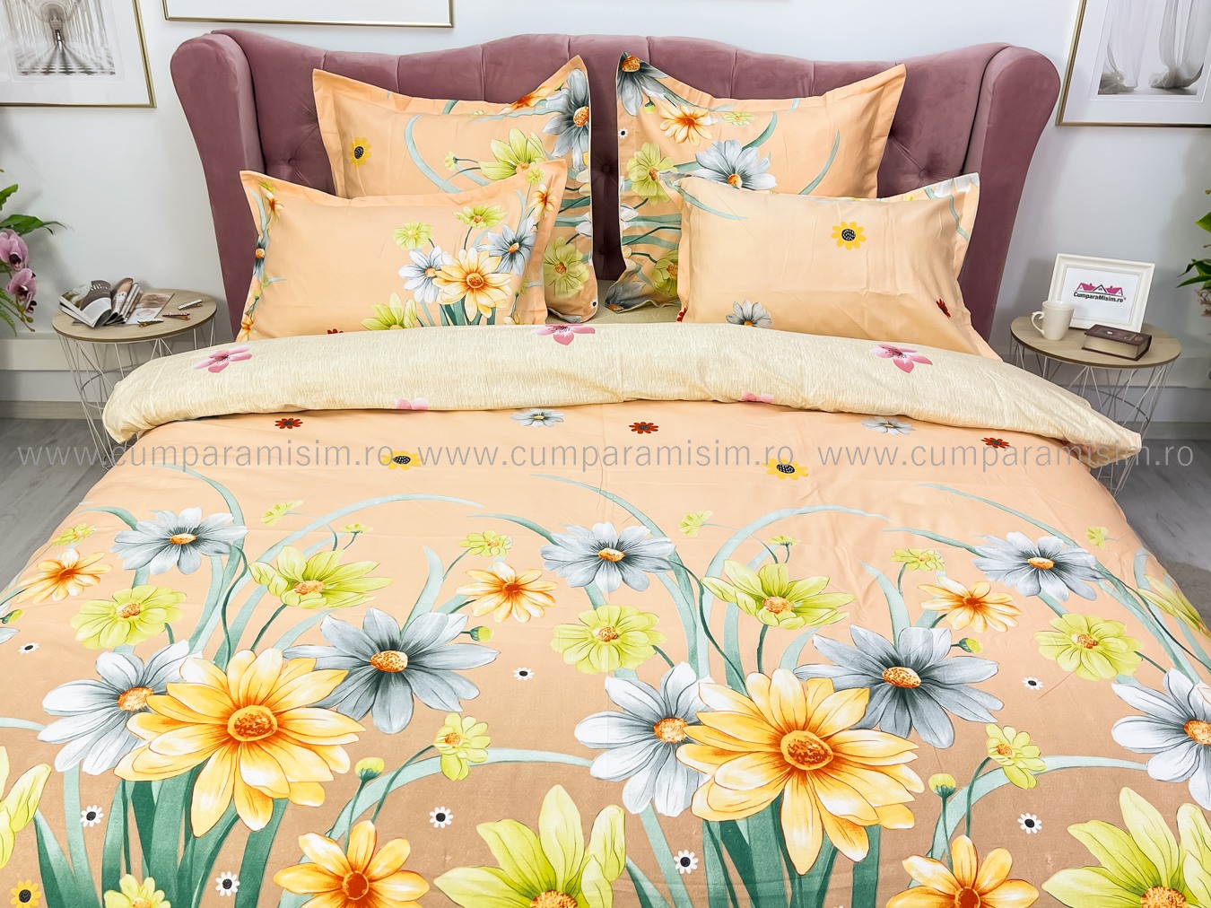 Lenjerie pat dublu cu ELASTIC, Finet, 6 piese, Bej, flori - imagine 3