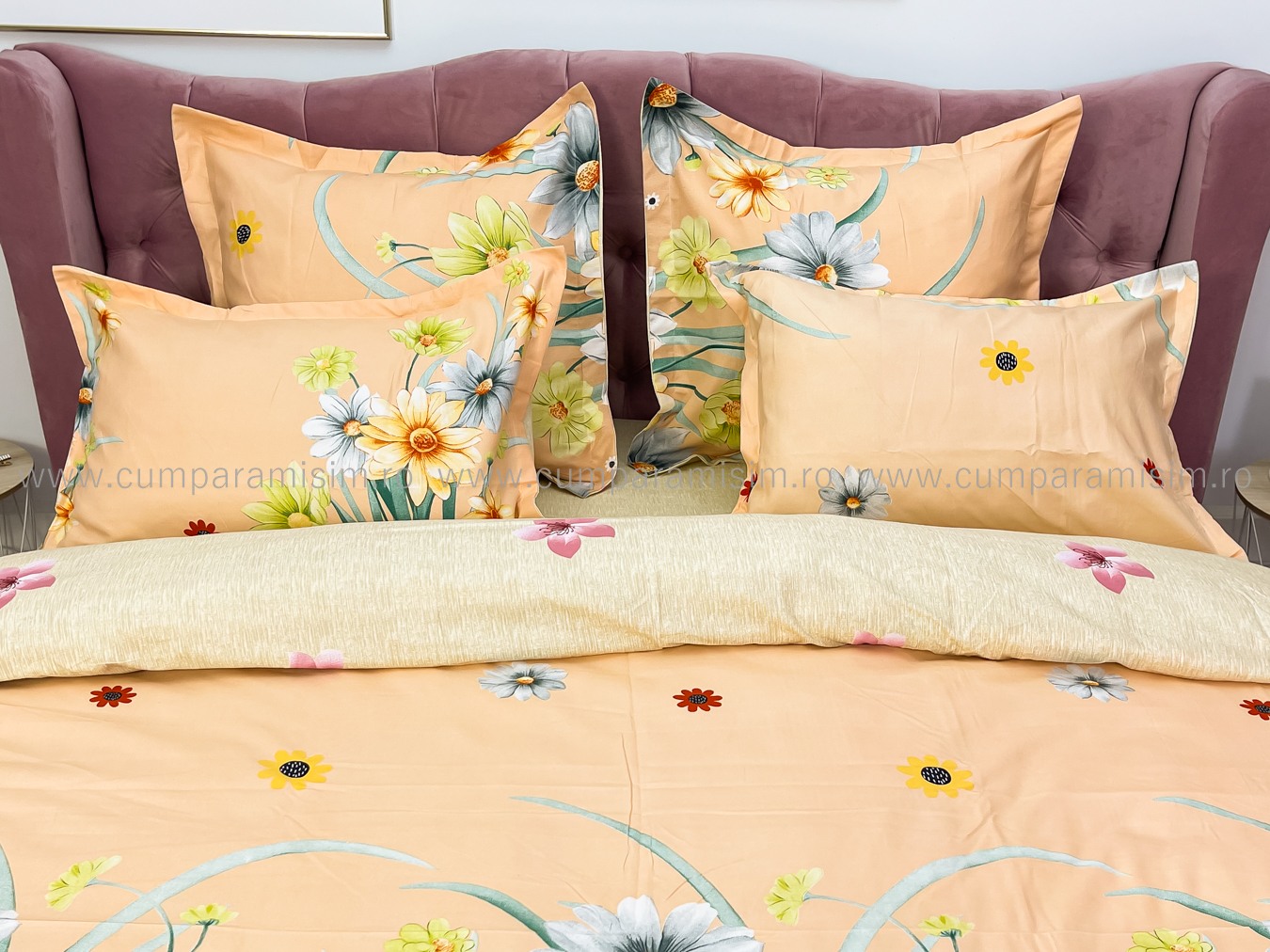 Lenjerie pat dublu cu ELASTIC, Finet, 6 piese, Bej, flori - imagine 4