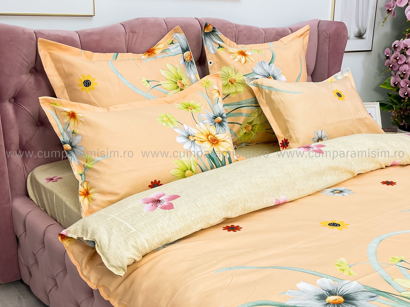 Lenjerie pat dublu cu ELASTIC, Finet, 6 piese, Bej, flori - imagine 5