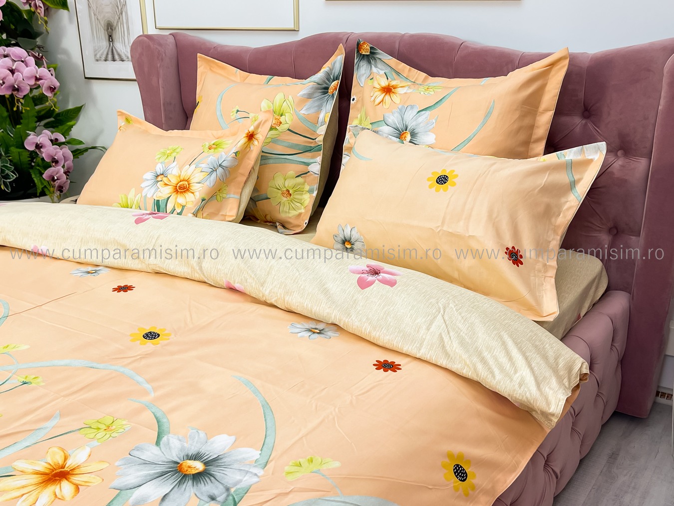 Lenjerie pat dublu cu ELASTIC, Finet, 6 piese, Bej, flori - imagine 6
