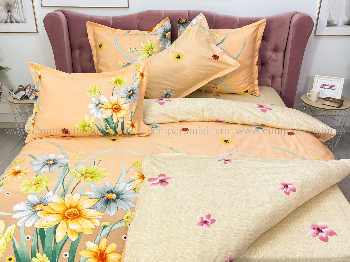 Lenjerie pat dublu cu ELASTIC, Finet, 6 piese, Bej, flori - imagine 7