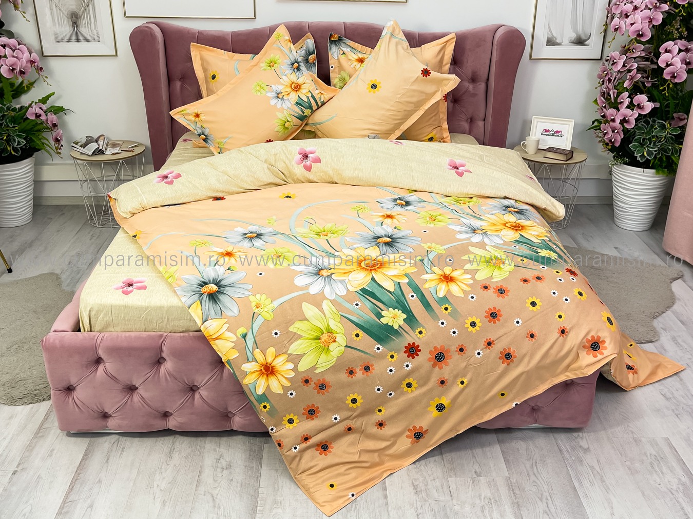 Lenjerie pat dublu cu ELASTIC, Finet, 6 piese, Bej, flori - imagine 8