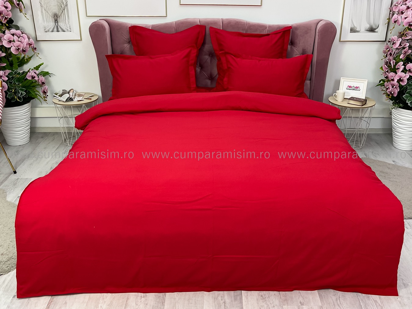Lenjerie pat dublu cu ELASTIC, Finet, 6 piese, Rosu - imagine 2