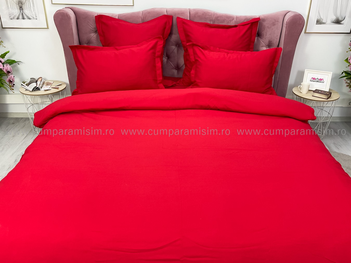 Lenjerie pat dublu cu ELASTIC, Finet, 6 piese, Rosu - imagine 3