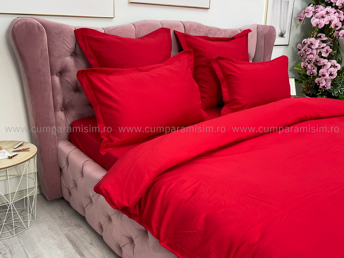 Lenjerie pat dublu cu ELASTIC, Finet, 6 piese, Rosu - imagine 5