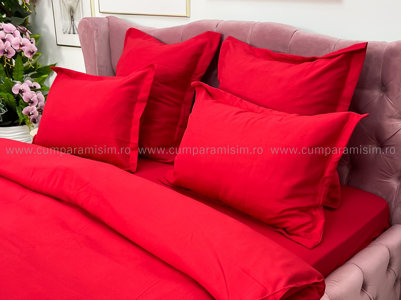 Lenjerie pat dublu cu ELASTIC, Finet, 6 piese, Rosu - imagine 6