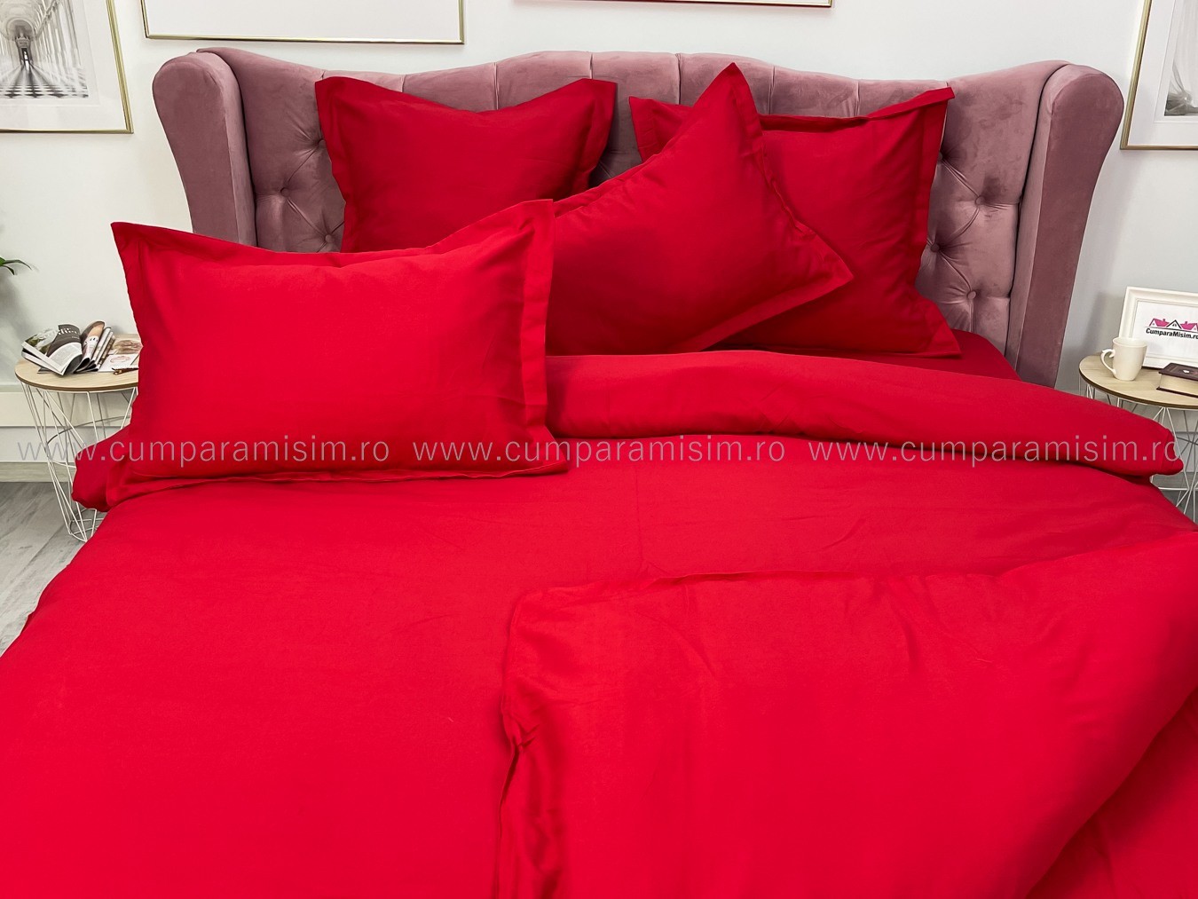 Lenjerie pat dublu cu ELASTIC, Finet, 6 piese, Rosu - imagine 7