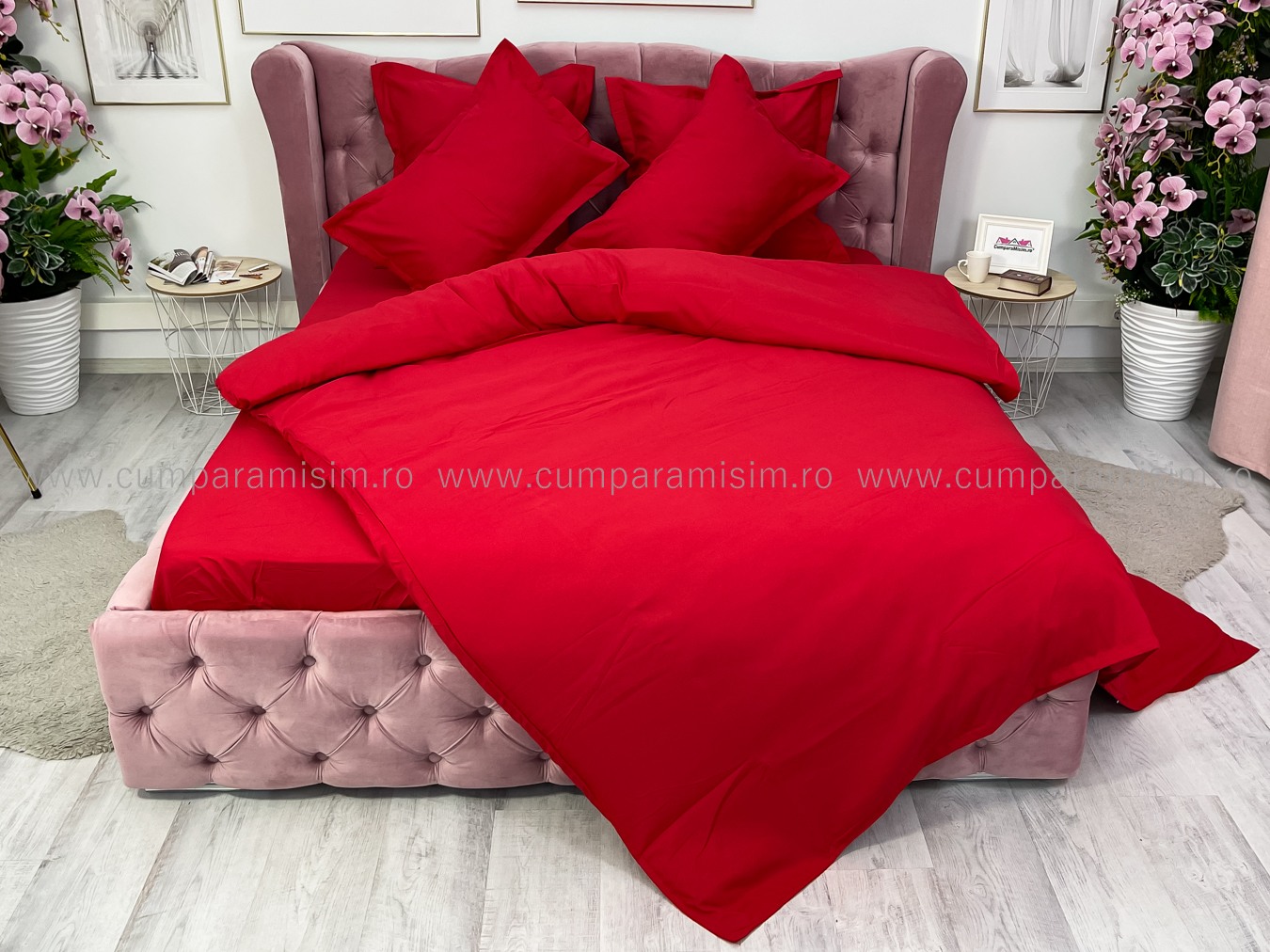 Lenjerie pat dublu cu ELASTIC, Finet, 6 piese, Rosu - imagine 8