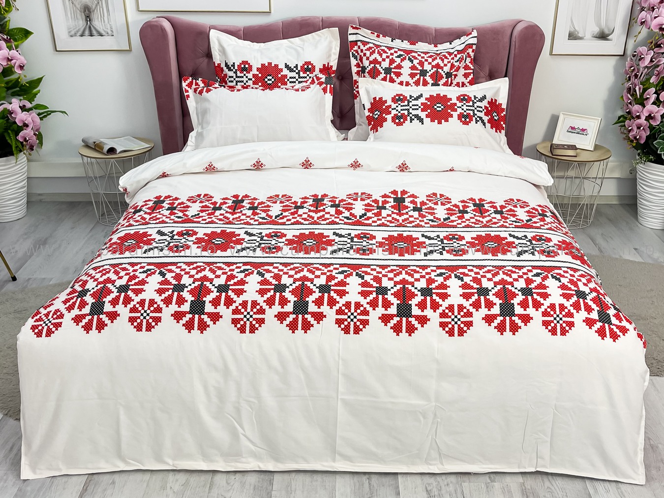 Lenjerie pat dublu cu ELASTIC, Finet, 6 piese, Alb-Rosu, model traditional - imagine 2