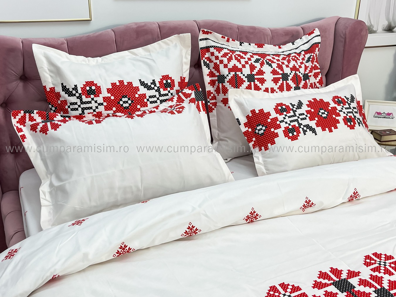 Lenjerie pat dublu cu ELASTIC, Finet, 6 piese, Alb-Rosu, model traditional - imagine 5