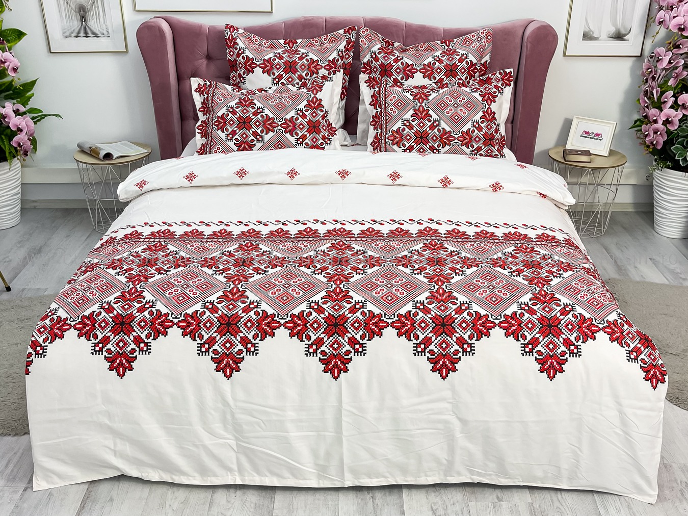 Lenjerie pat dublu cu ELASTIC, Finet, 6 piese, Alb-Rosu, model traditional - imagine 2