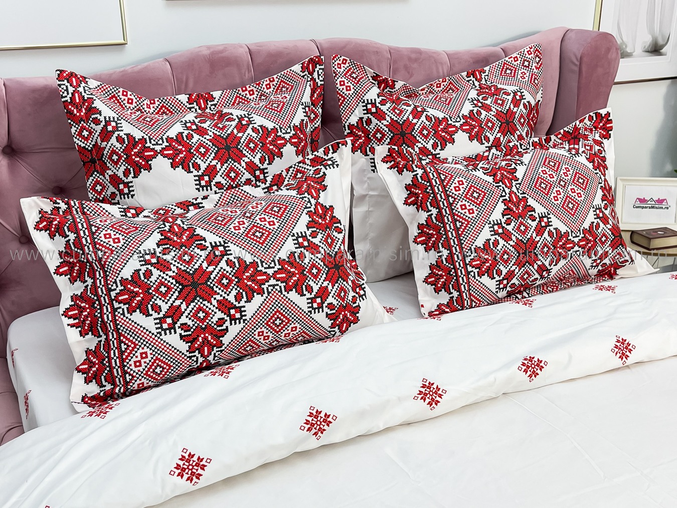 Lenjerie pat dublu cu ELASTIC, Finet, 6 piese, Alb-Rosu, model traditional - imagine 5