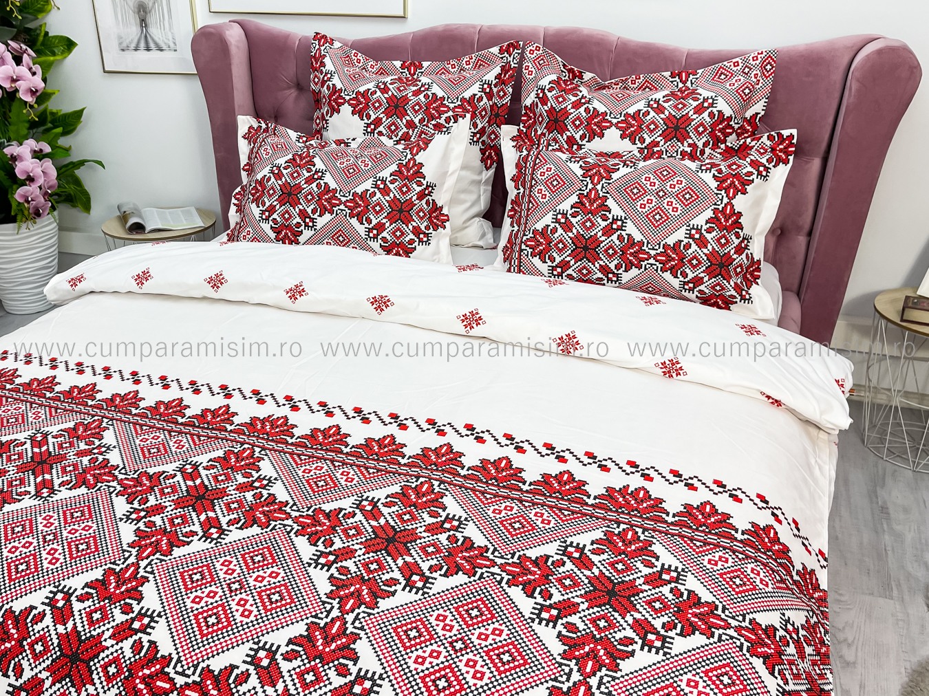 Lenjerie pat dublu cu ELASTIC, Finet, 6 piese, Alb-Rosu, model traditional - imagine 7