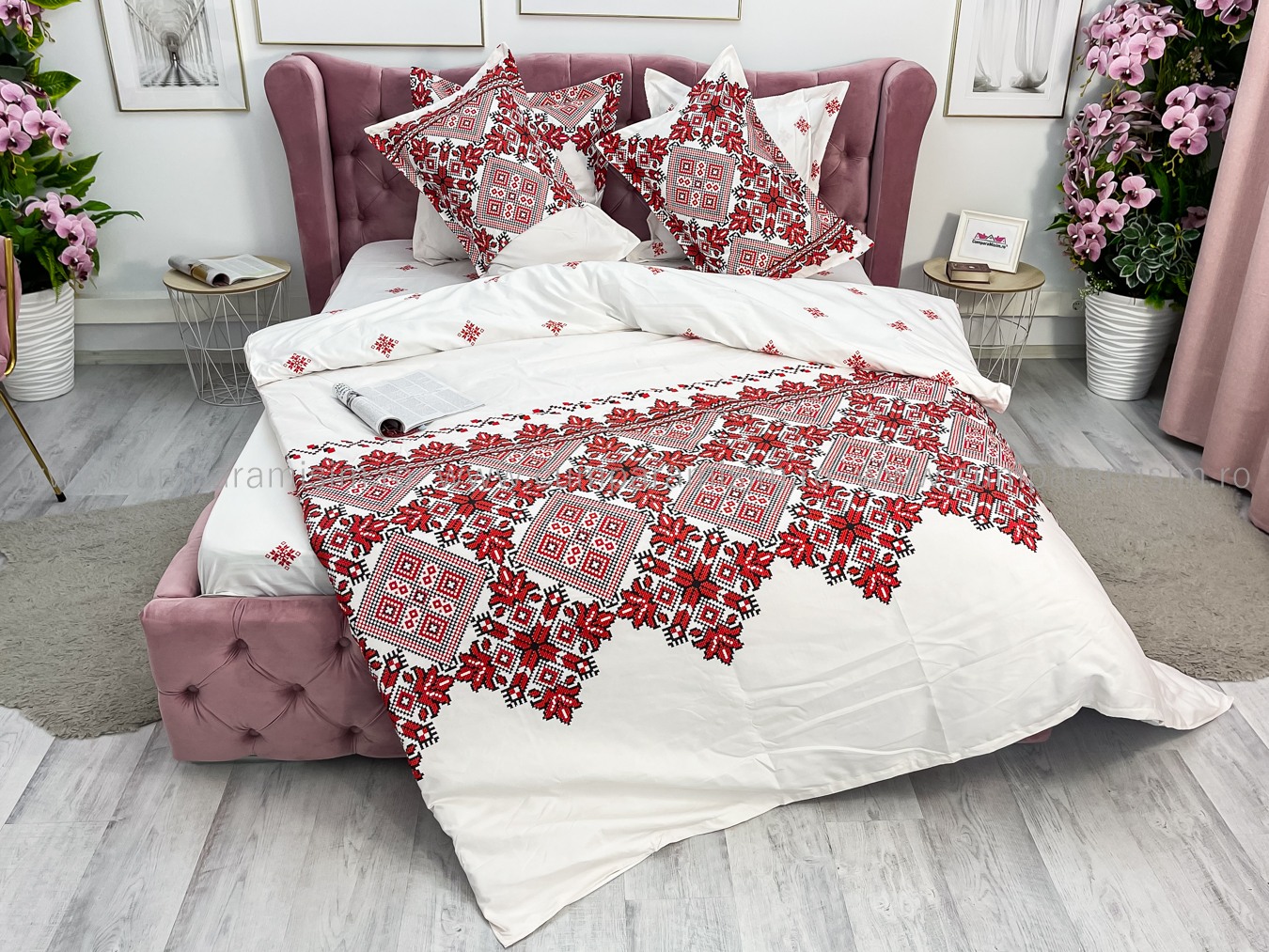 Lenjerie pat dublu cu ELASTIC, Finet, 6 piese, Alb-Rosu, model traditional - imagine 9
