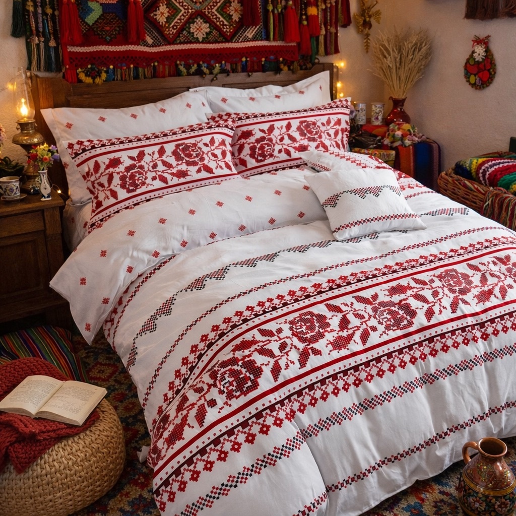 Lenjerie pat dublu cu ELASTIC, Finet, 6 piese, Alb-Rosu, model traditional - imagine 2