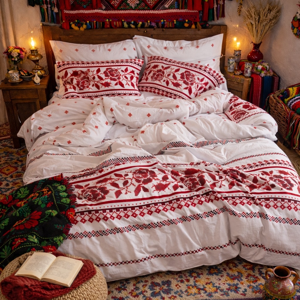 Lenjerie pat dublu cu ELASTIC, Finet, 6 piese, Alb-Rosu, model traditional - imagine 4