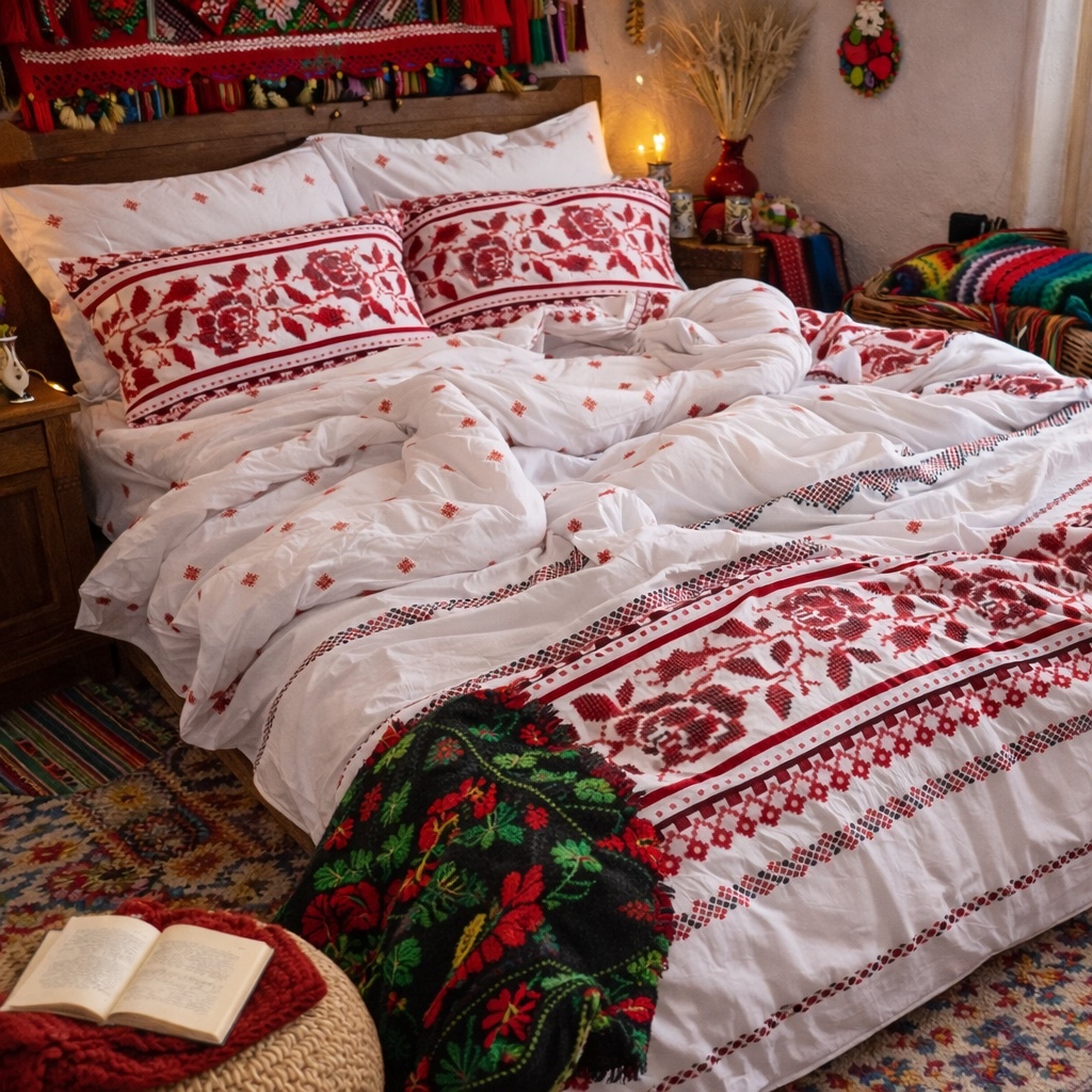 Lenjerie pat dublu cu ELASTIC, Finet, 6 piese, Alb-Rosu, model traditional - imagine 5