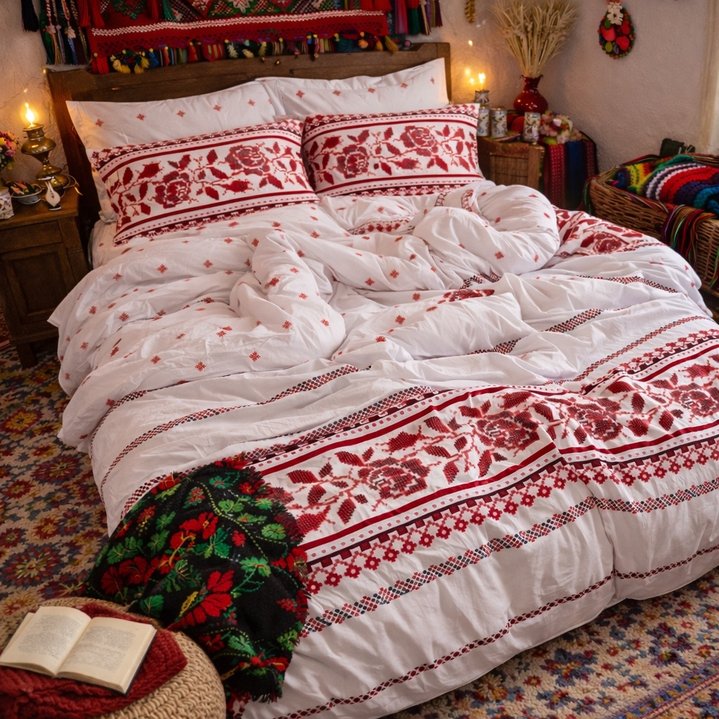 Lenjerie pat dublu cu ELASTIC, Finet, 6 piese, Alb-Rosu, model traditional - imagine 6