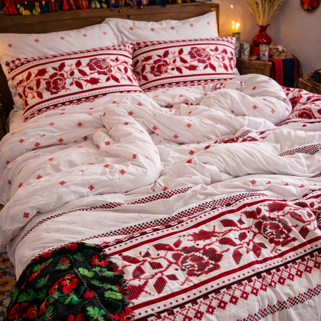 Lenjerie pat dublu cu ELASTIC, Finet, 6 piese, Alb-Rosu, model traditional - imagine 7