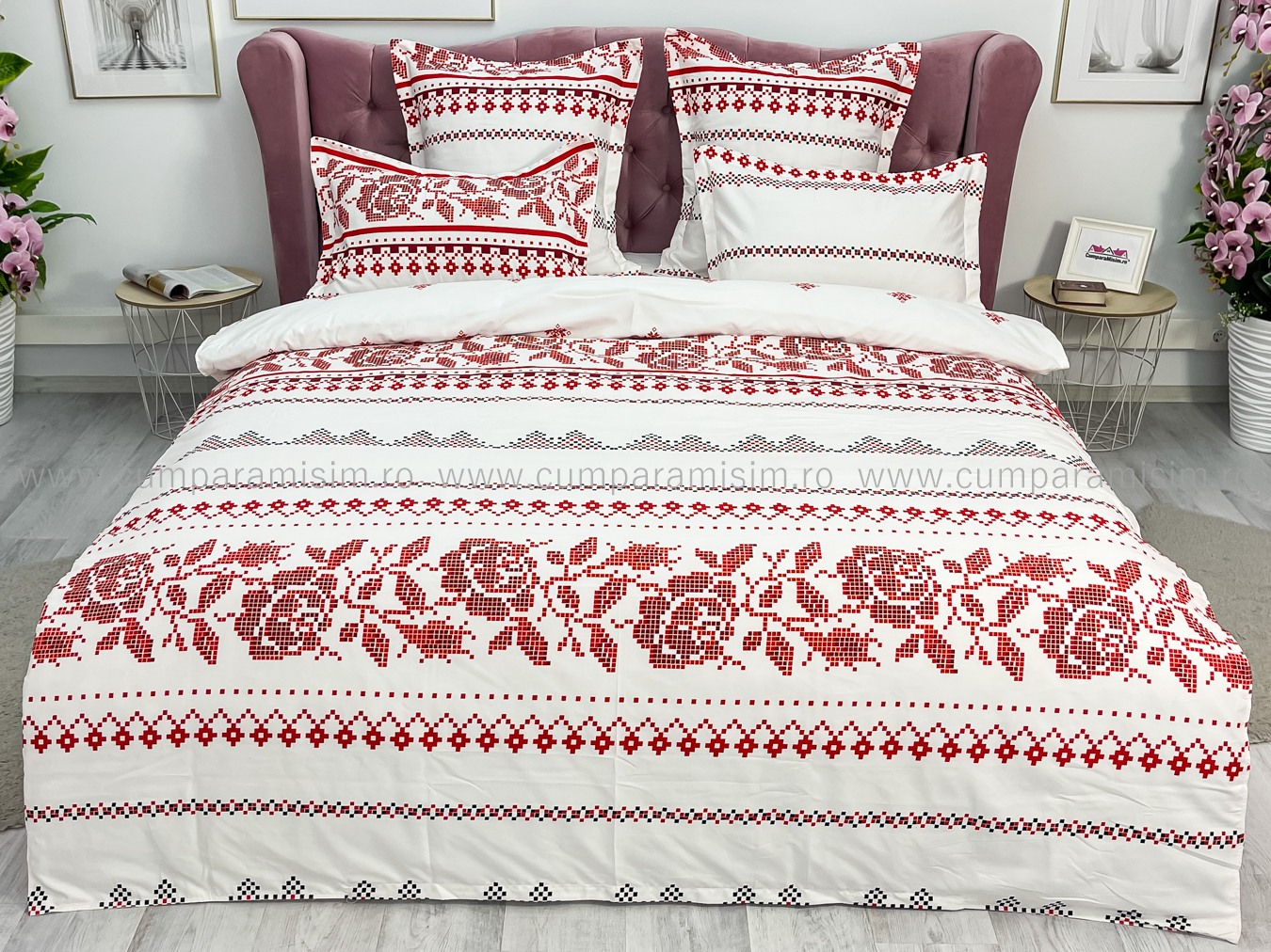 Lenjerie pat dublu cu ELASTIC, Finet, 6 piese, Alb-Rosu, model traditional - imagine 9