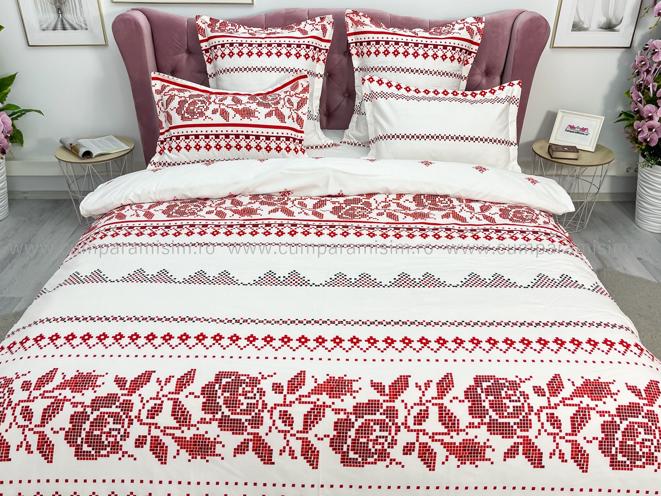 Lenjerie pat dublu cu ELASTIC, Finet, 6 piese, Alb-Rosu, model traditional - imagine 10