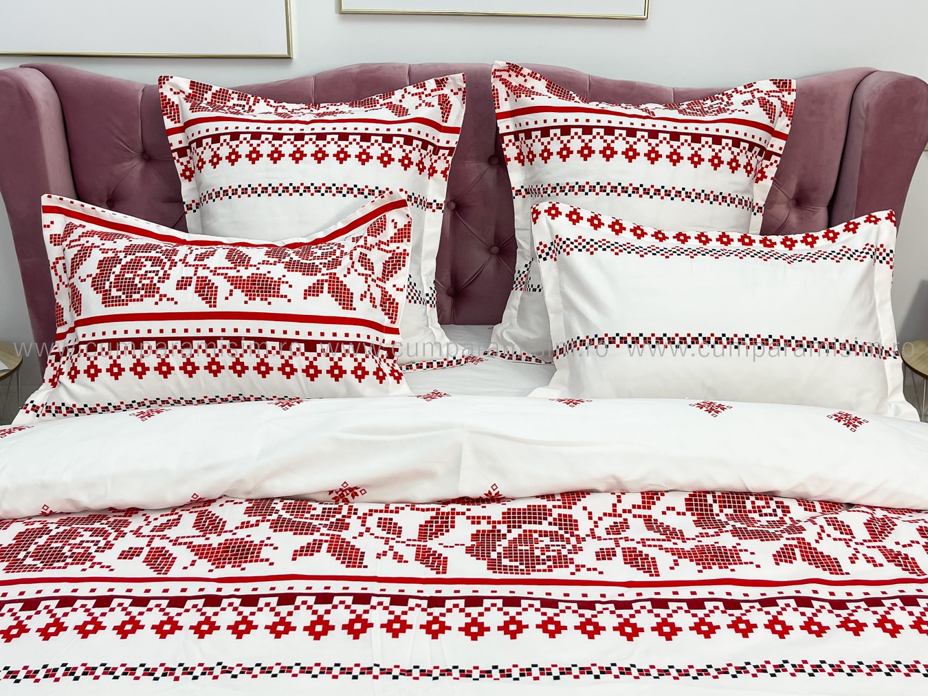 Lenjerie pat dublu cu ELASTIC, Finet, 6 piese, Alb-Rosu, model traditional - imagine 11