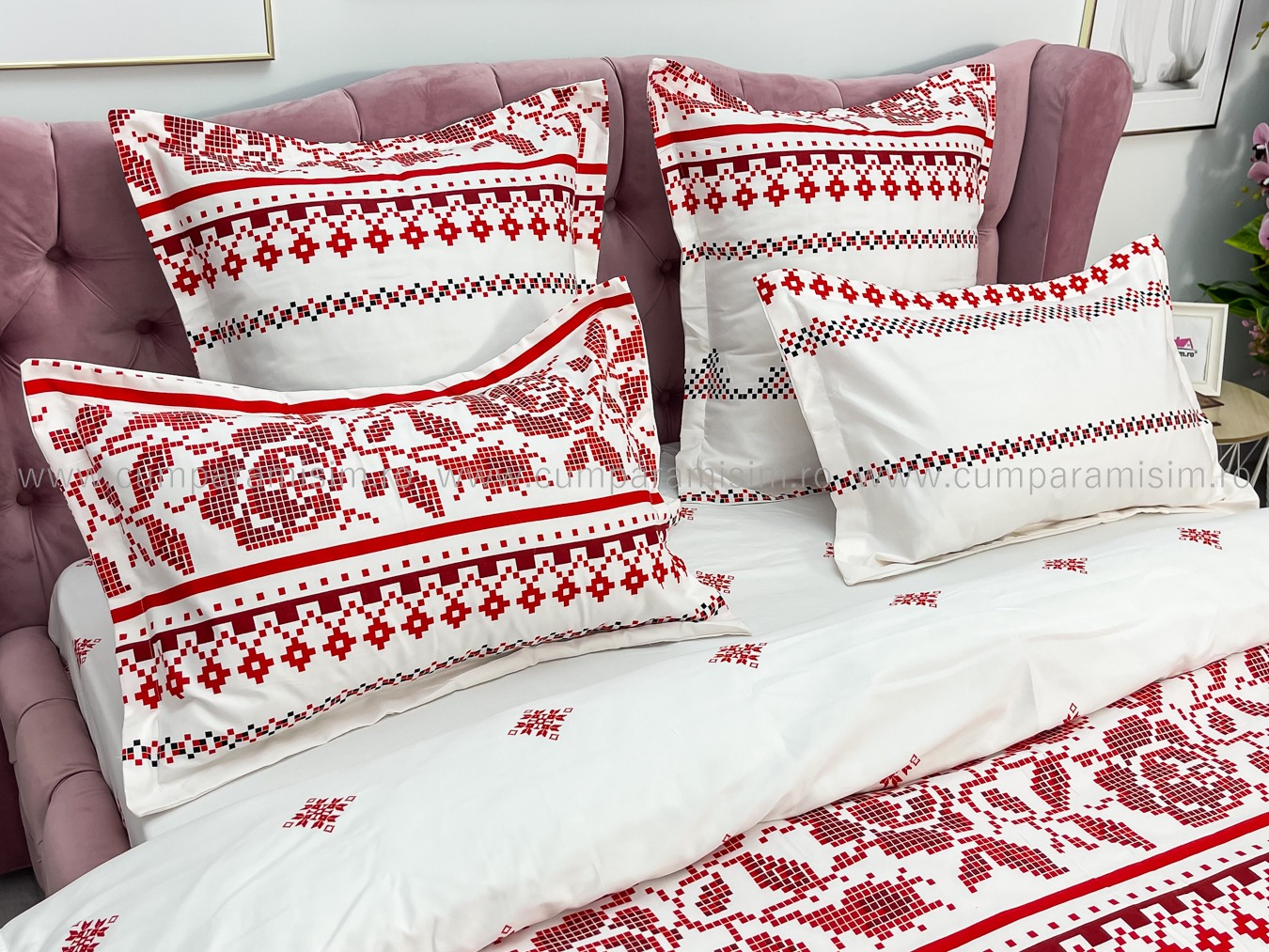 Lenjerie pat dublu cu ELASTIC, Finet, 6 piese, Alb-Rosu, model traditional - imagine 12