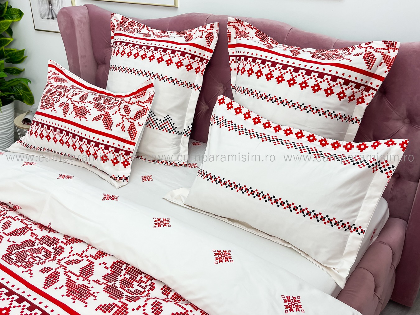 Lenjerie pat dublu cu ELASTIC, Finet, 6 piese, Alb-Rosu, model traditional - imagine 13