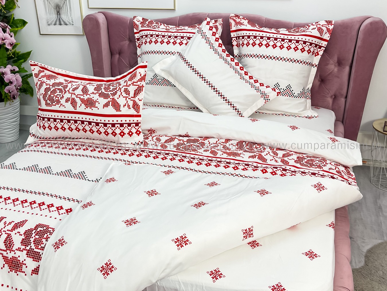 Lenjerie pat dublu cu ELASTIC, Finet, 6 piese, Alb-Rosu, model traditional - imagine 14