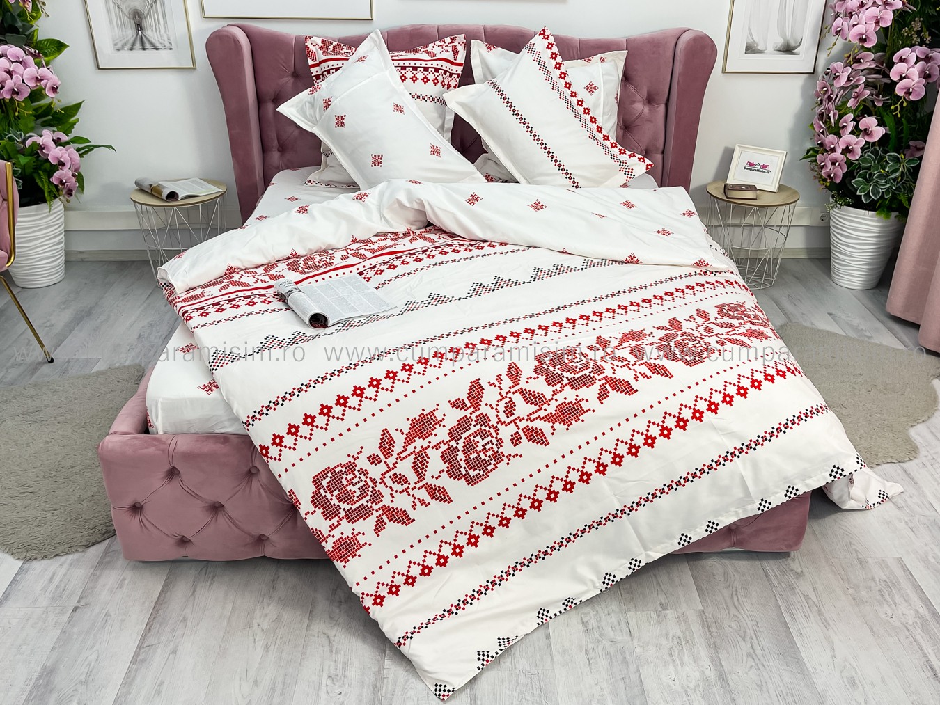 Lenjerie pat dublu cu ELASTIC, Finet, 6 piese, Alb-Rosu, model traditional - imagine 15